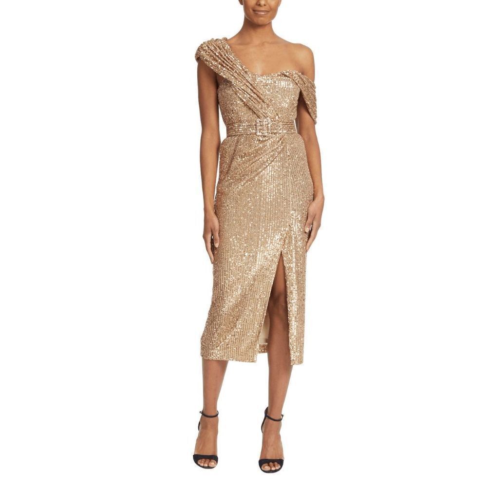 NEW Badgley Mischka Sequin Off-The-Shoulder Cocktail Dress Women's Gold Size 0